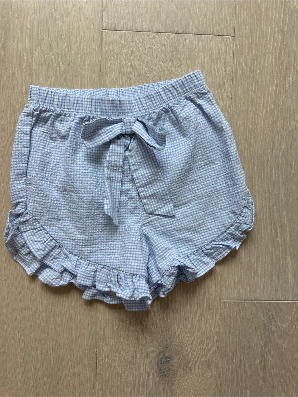 High-Waist Light Blue Ruffle Hem Women's Shorts with Tie Waist